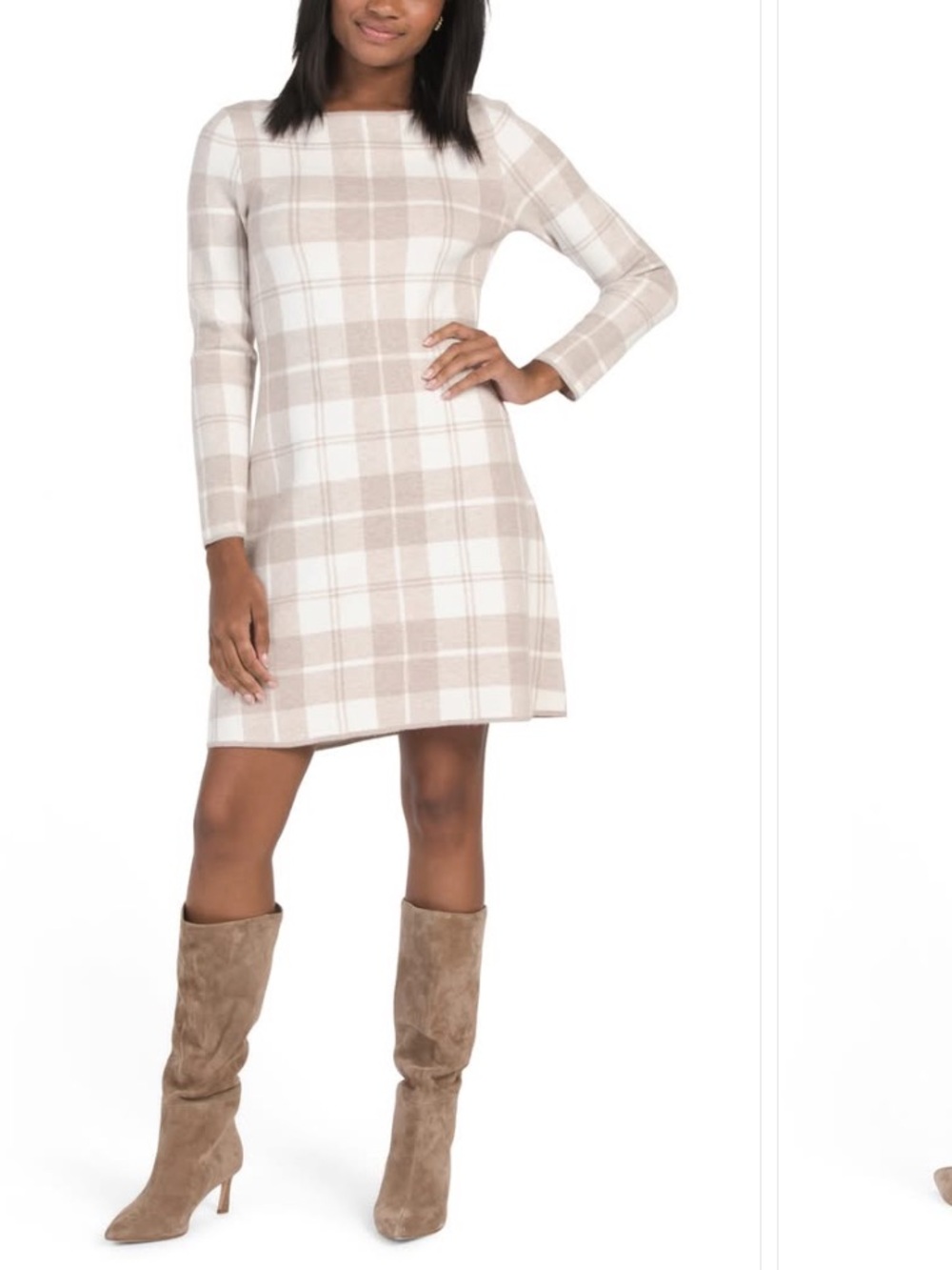 Tahari Cream & Tan Plaid Midi Dress